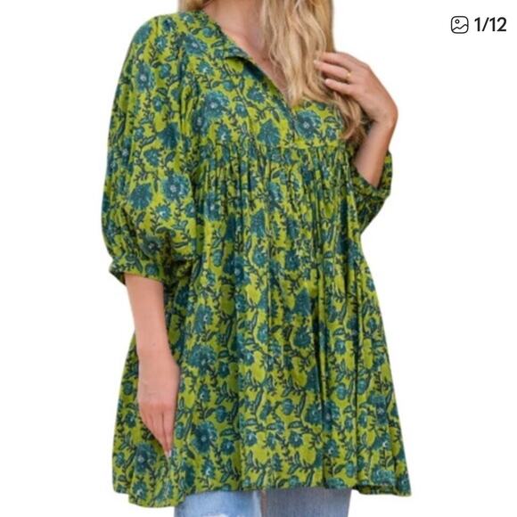 Natural Life Aimee Green Floral Puff Sleeve Mini Tunic Dress VNeck Boho Cotton S - Picture 1 of 12